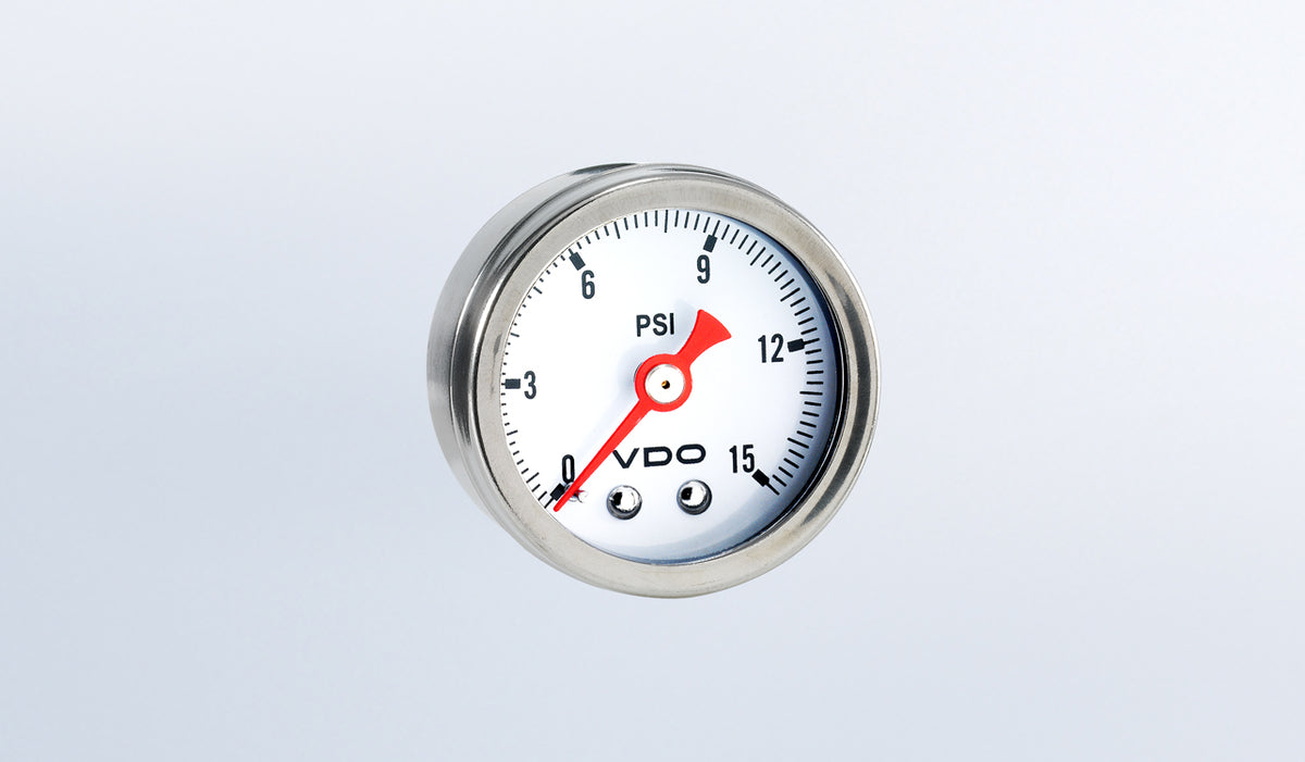 VDO 153-002 Direct Mount 15 PSI Mechanical Pressure Gauge, 1 1/2" Diameter, White Dial