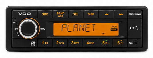 VDO Continental TRW312UB-OR Bluetooth radio front view with orange display