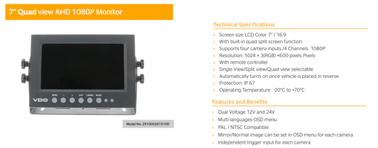 VDO Continental 7" quad view AHD 1080P monitor 2910002615100 with specifications