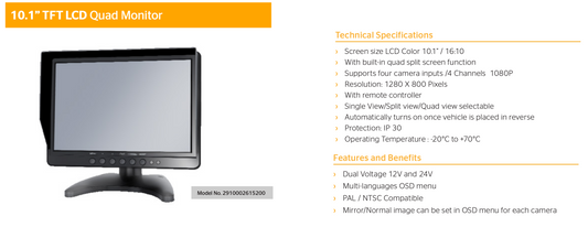 VDO Continental 10.1" quad view AHD 1080P monitor 2910002615200 with specifications