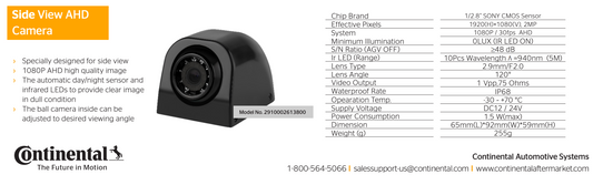 VDO Continental FedEx side view AHD camera 2910002613800 with specifications