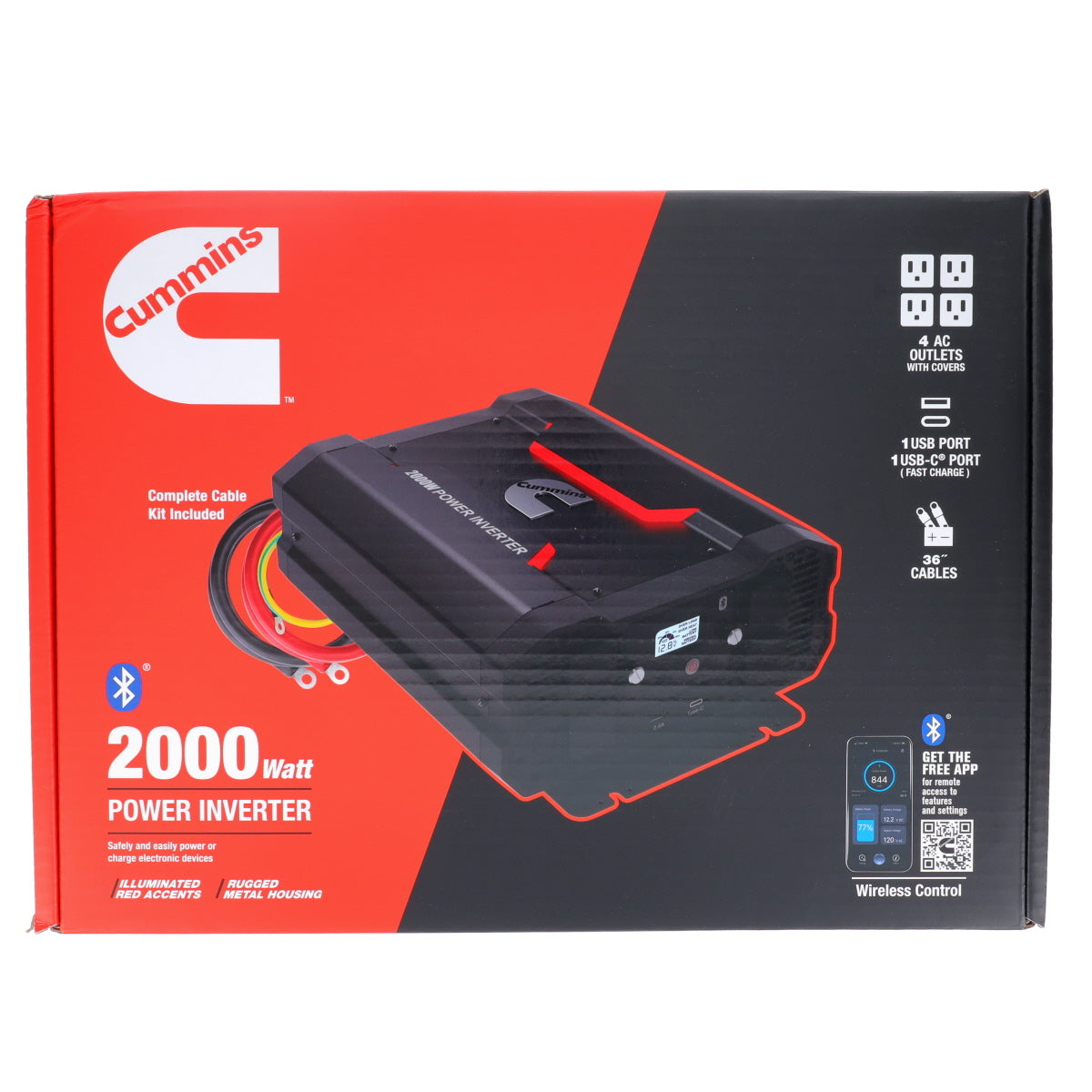 Cummins 2000 Watt Power Inverter Modified Sine Wave Truck Inverter 12V to 110 Volts Four AC Outlets Two USB Ports (Full Cable Kit Included)