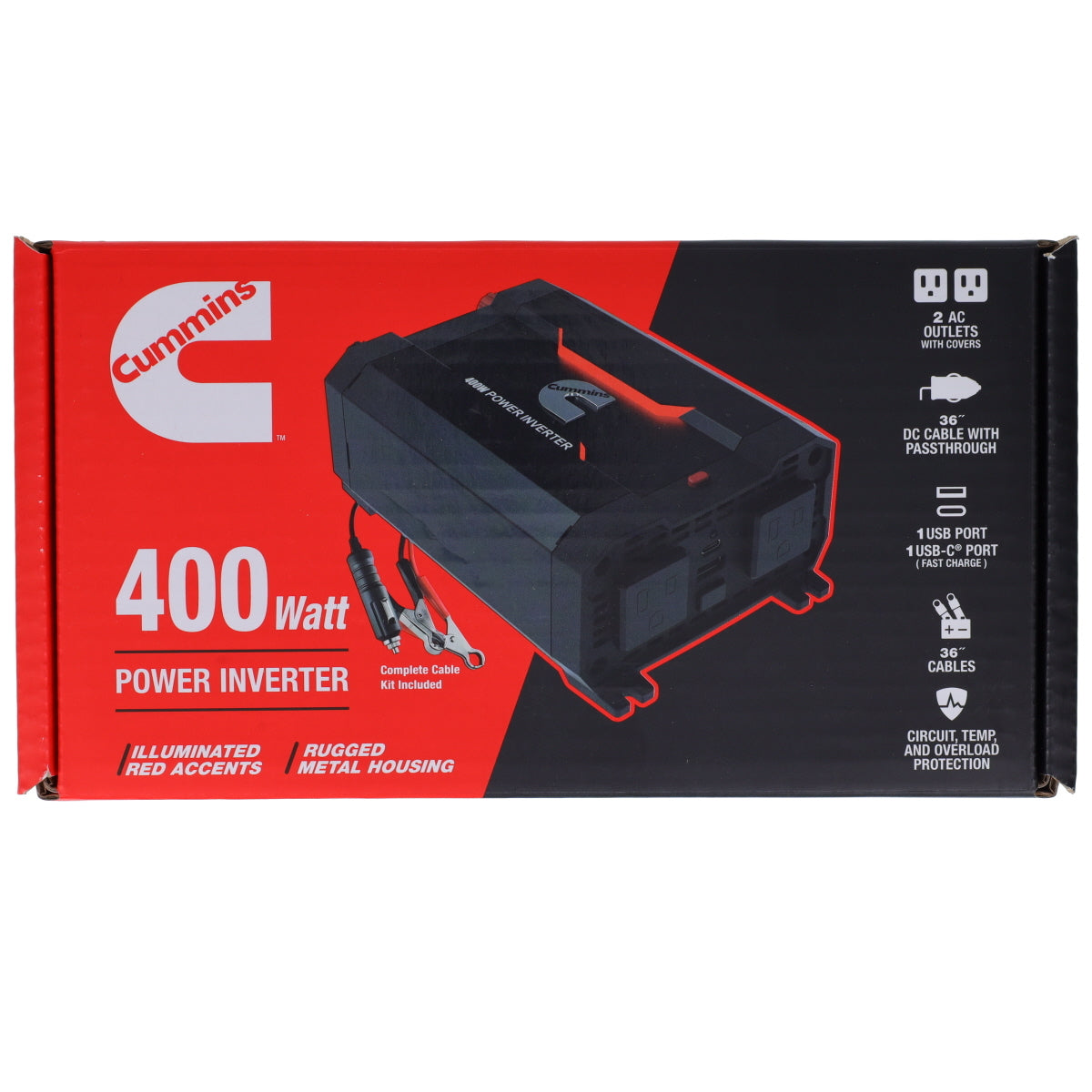 Cummins 400 Watt Car Power Inverter DC 12V to 110V AC Converter Full Kit CMN400
