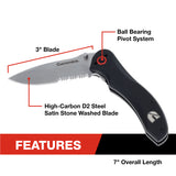 Cummins Serrated Blade D2 Steel Pocket Knife 3-inch CMN4726 - Lightweight Folding Knife Survival Tactical EDC Pocketknife - Black
