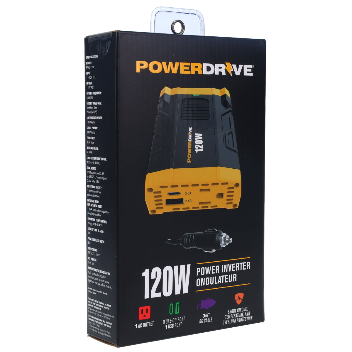 120 Watt Power Inverter Slim 12v DC to 110v AC with Outlet and 2 USB Ports PWD120